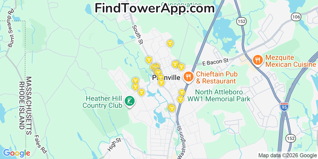 Map showing the 20 primary cell tower locations detected in Plainville, Massachusetts from AT&T, Verizon, and T-Mobile networks
