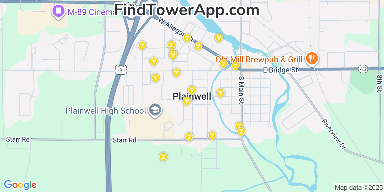 Map showing the 20 primary cell tower locations detected in Plainwell, Michigan from AT&T, Verizon, and T-Mobile networks