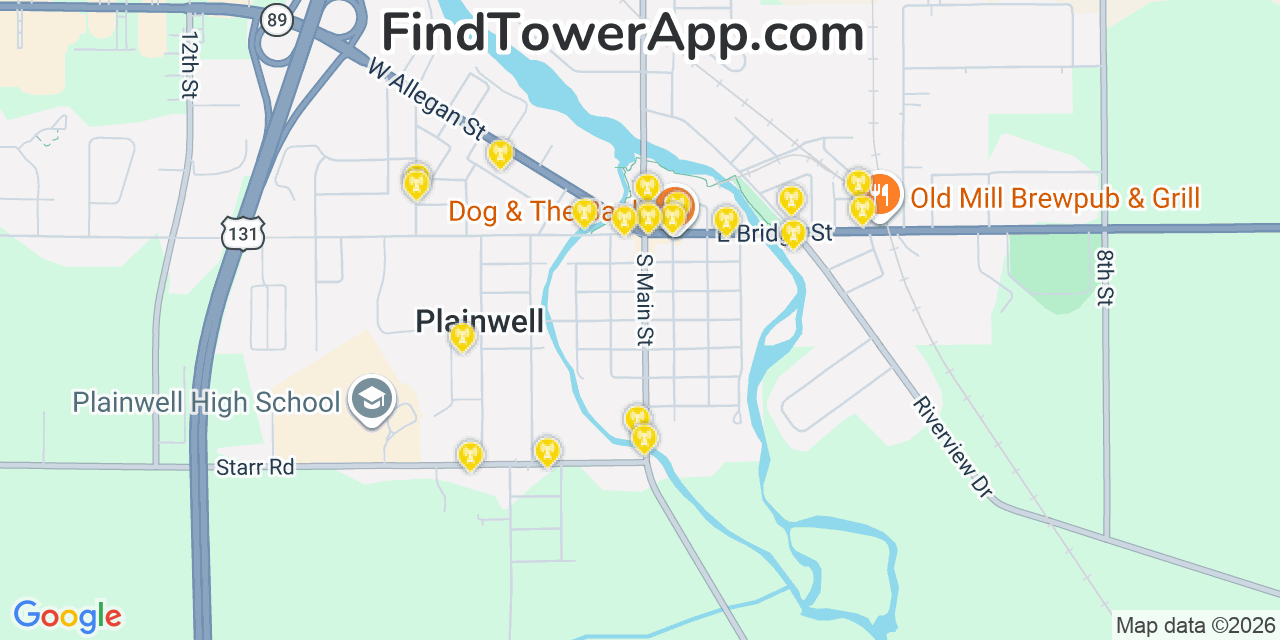 Map showing the 20 primary cell tower locations detected in Plainwell, Michigan from AT&T, Verizon, and T-Mobile networks