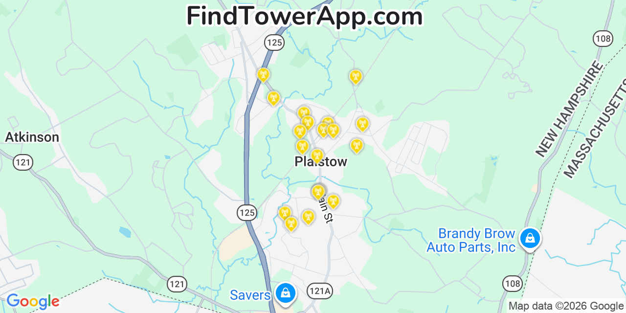Map showing the 20 primary cell tower locations detected in Plaistow, New Hampshire from AT&T, Verizon, and T-Mobile networks