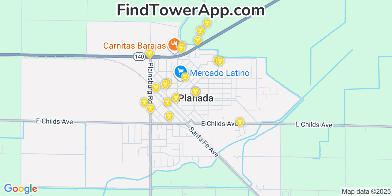 Map showing the 20 primary cell tower locations detected in Planada, California from AT&T, Verizon, and T-Mobile networks