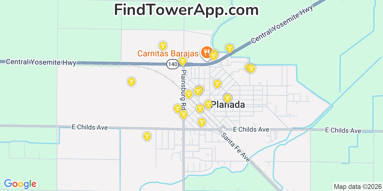 Map showing the 20 primary cell tower locations detected in Planada, California from AT&T, Verizon, and T-Mobile networks