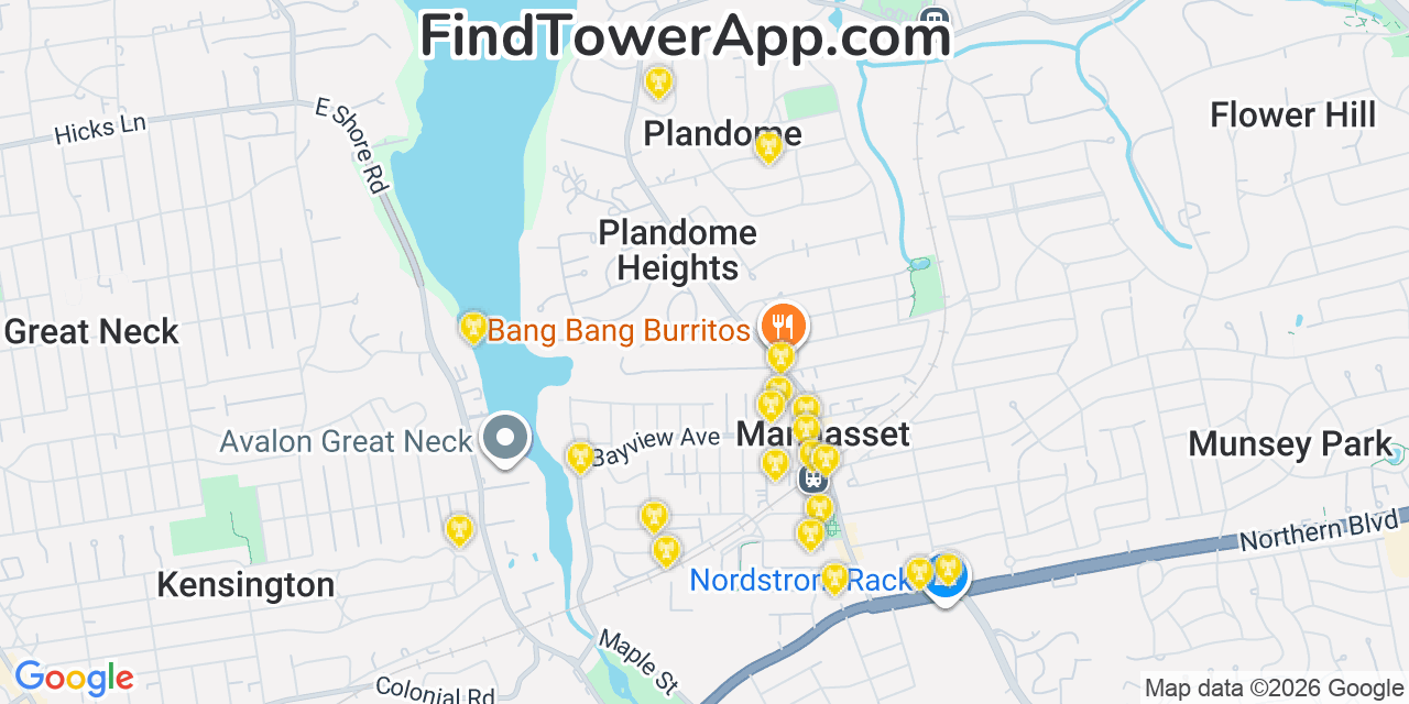 Map showing the 20 primary cell tower locations detected in Plandome Heights, New York from AT&T, Verizon, and T-Mobile networks