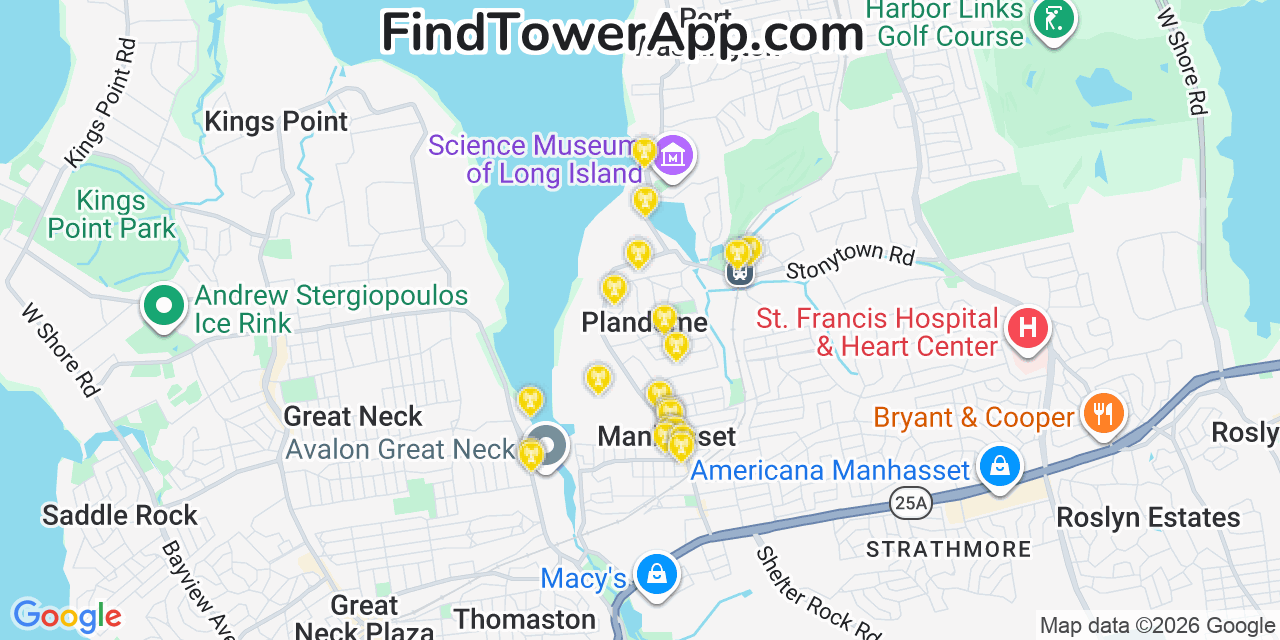 Map showing the 20 primary cell tower locations detected in Plandome, New York from AT&T, Verizon, and T-Mobile networks