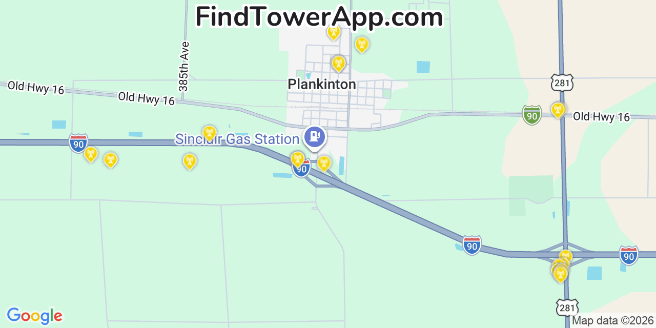 Map showing the 20 primary cell tower locations detected in Plankinton, South Dakota from AT&T, Verizon, and T-Mobile networks