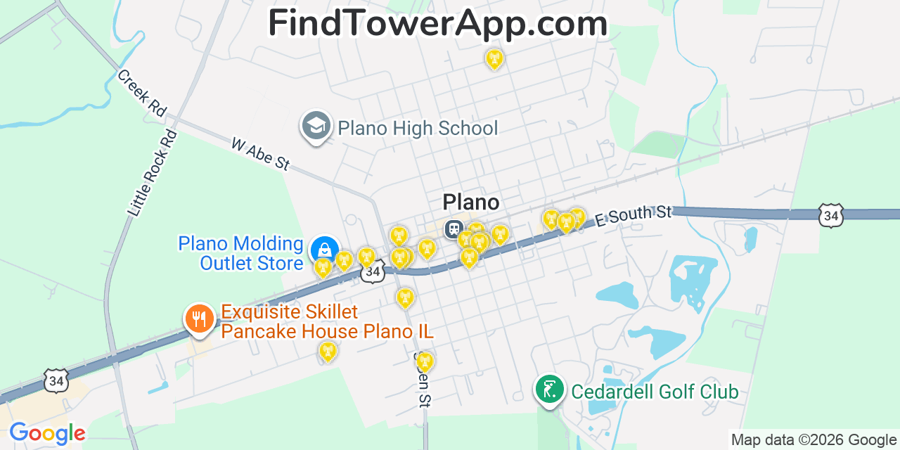 Map showing the 20 primary cell tower locations detected in Plano, Illinois from AT&T, Verizon, and T-Mobile networks