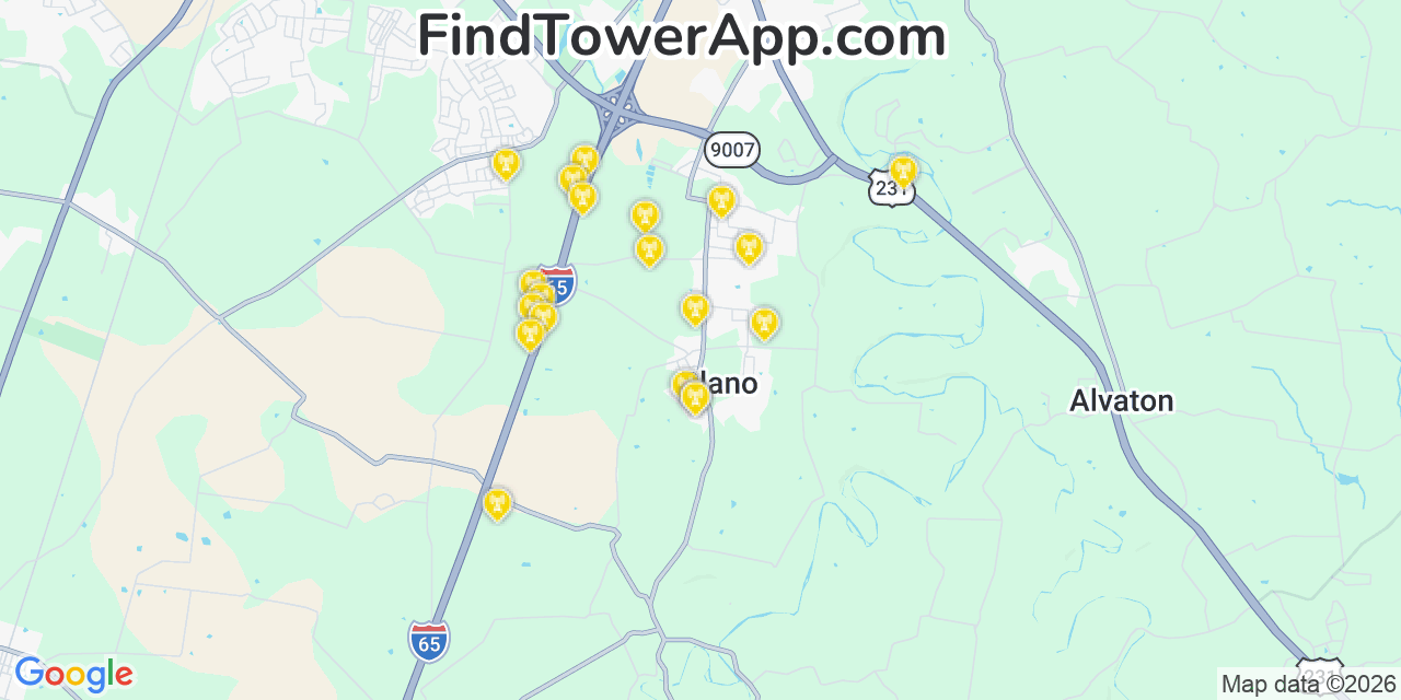 Map showing the 20 primary cell tower locations detected in Plano, Kentucky from AT&T, Verizon, and T-Mobile networks