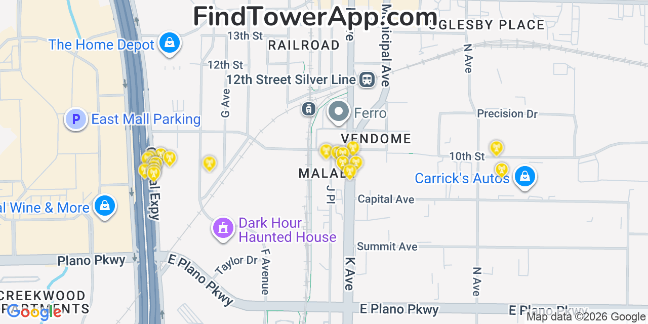 Map showing the 20 primary cell tower locations detected in Plano, Texas from AT&T, Verizon, and T-Mobile networks