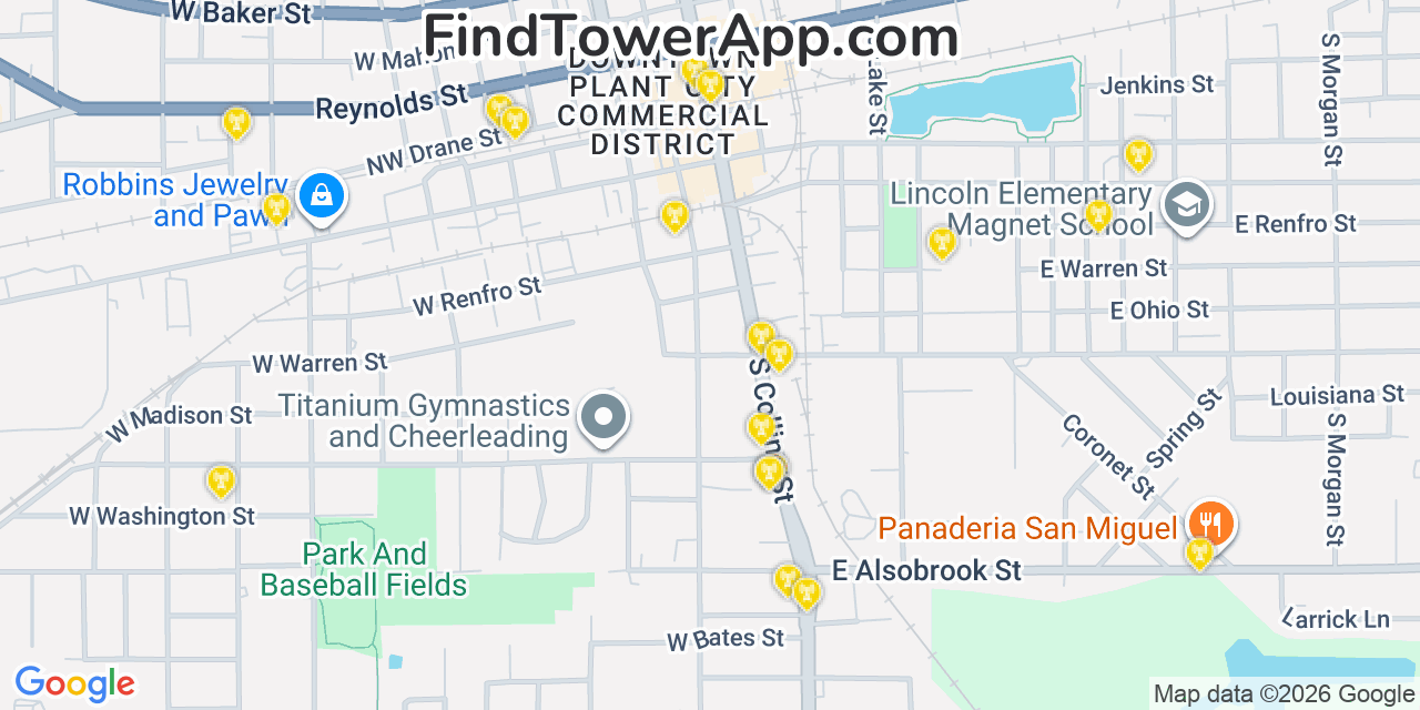 Map showing the 20 primary cell tower locations detected in Plant City, Florida from AT&T, Verizon, and T-Mobile networks