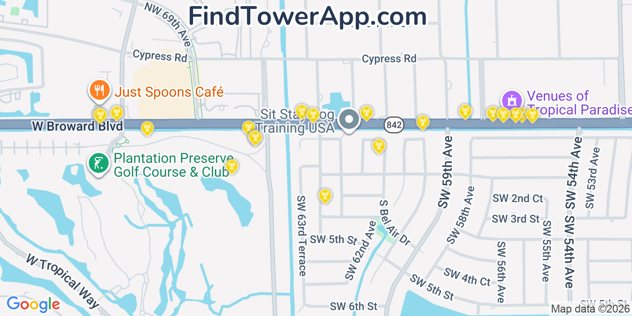 Map showing the 20 primary cell tower locations detected in Plantation, Florida from AT&T, Verizon, and T-Mobile networks