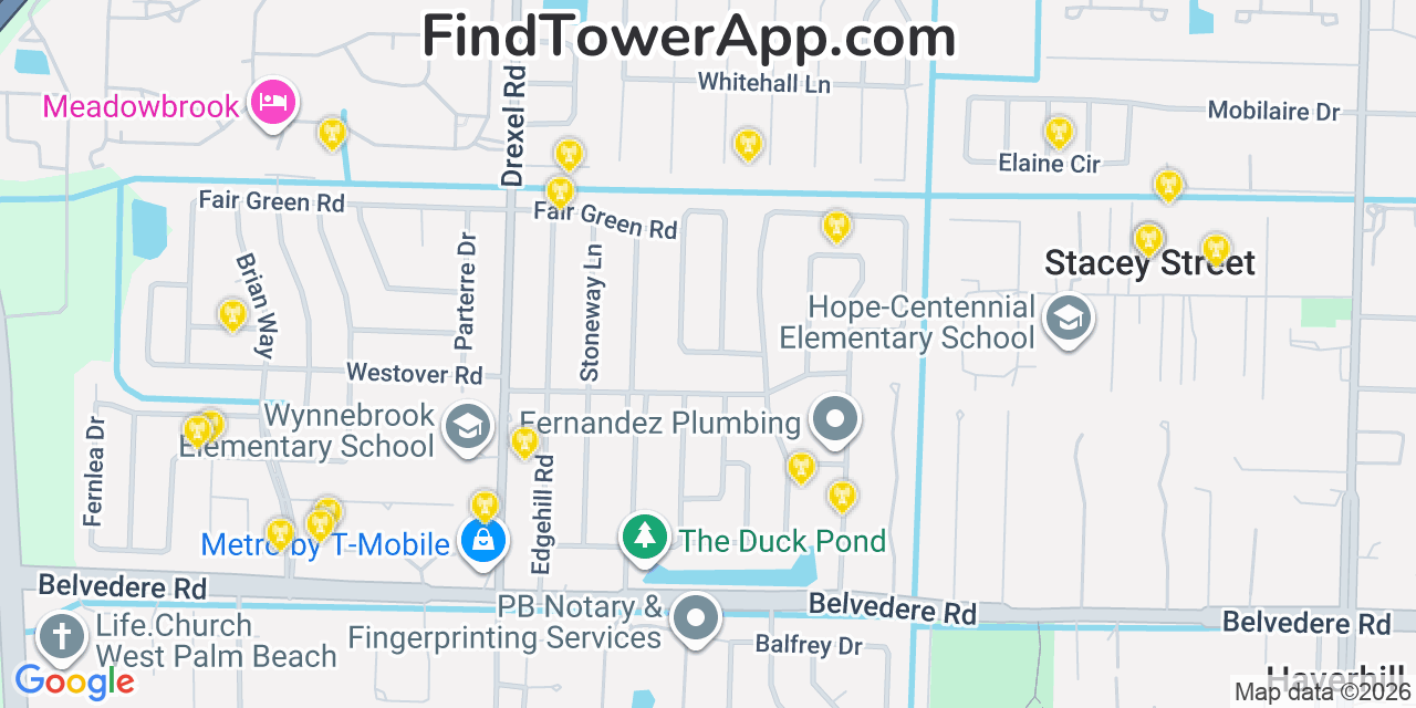 Map showing the 20 primary cell tower locations detected in Plantation Mobile Home Park, Florida from AT&T, Verizon, and T-Mobile networks