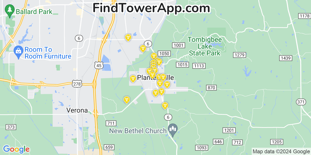 AT&T 4G/5G cell tower coverage map Plantersville, Mississippi