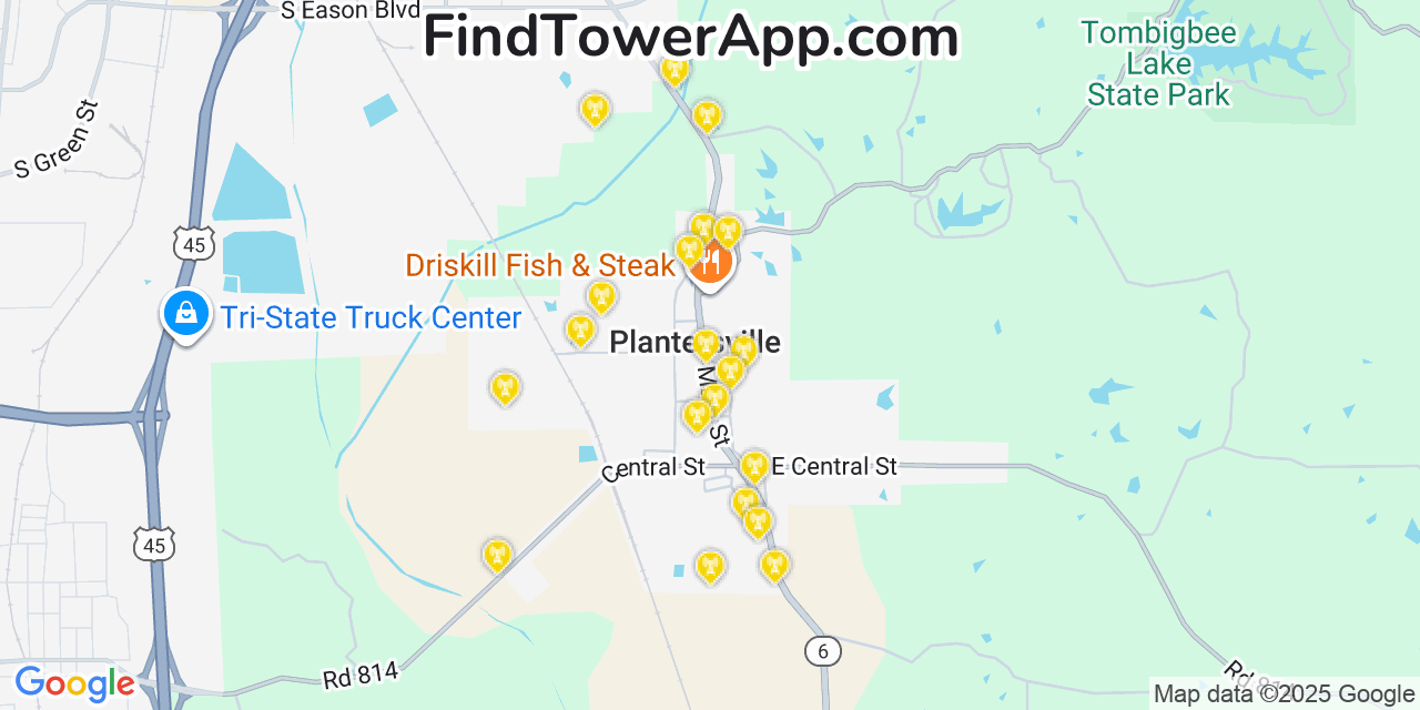 Map showing the 20 primary cell tower locations detected in Plantersville, Mississippi from AT&T, Verizon, and T-Mobile networks