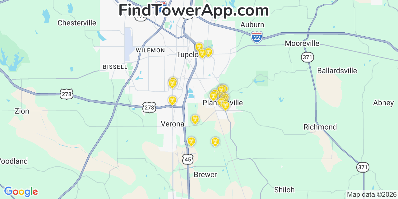 Map showing the 20 primary cell tower locations detected in Plantersville, Mississippi from AT&T, Verizon, and T-Mobile networks