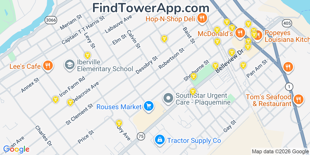 Map showing the 20 primary cell tower locations detected in Plaquemine, Louisiana from AT&T, Verizon, and T-Mobile networks