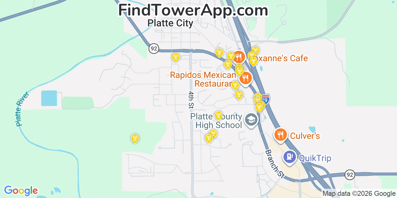 Map showing the 20 primary cell tower locations detected in Platte City, Missouri from AT&T, Verizon, and T-Mobile networks