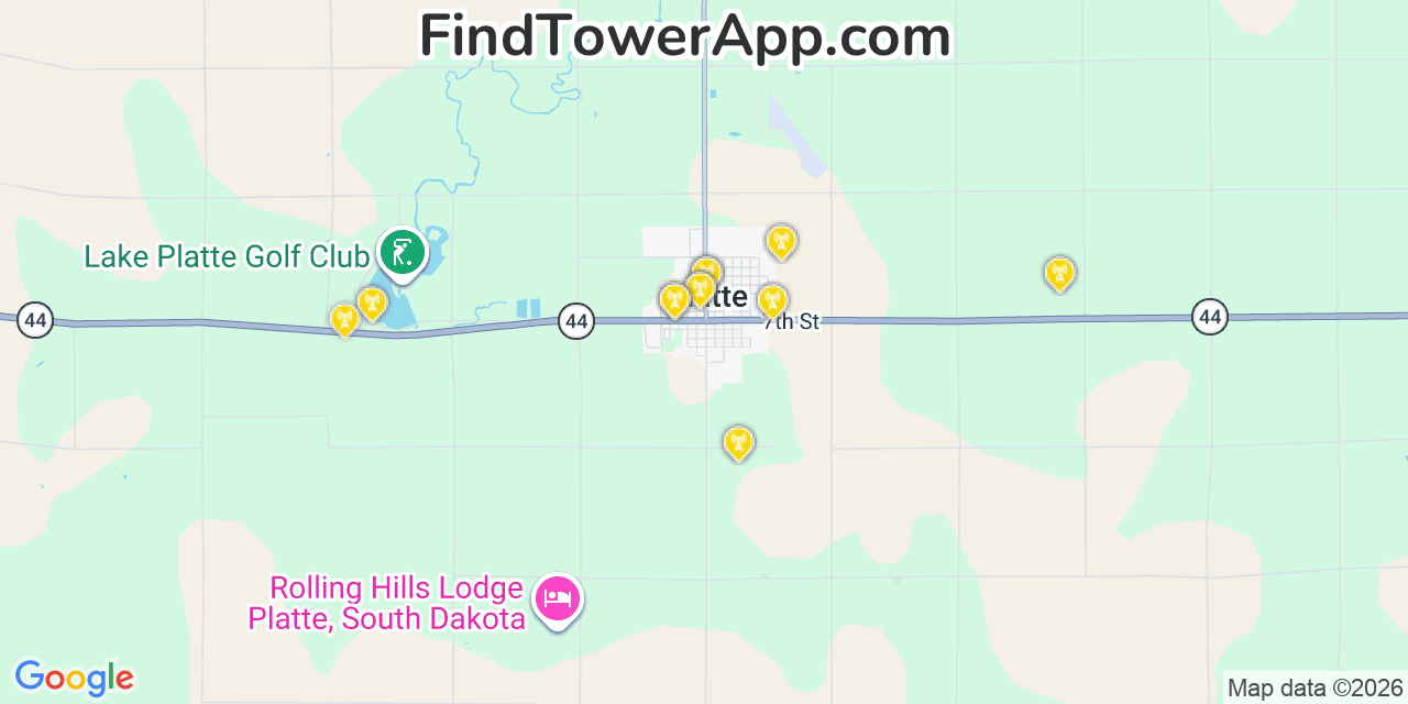 Map showing the 20 primary cell tower locations detected in Platte, South Dakota from AT&T, Verizon, and T-Mobile networks