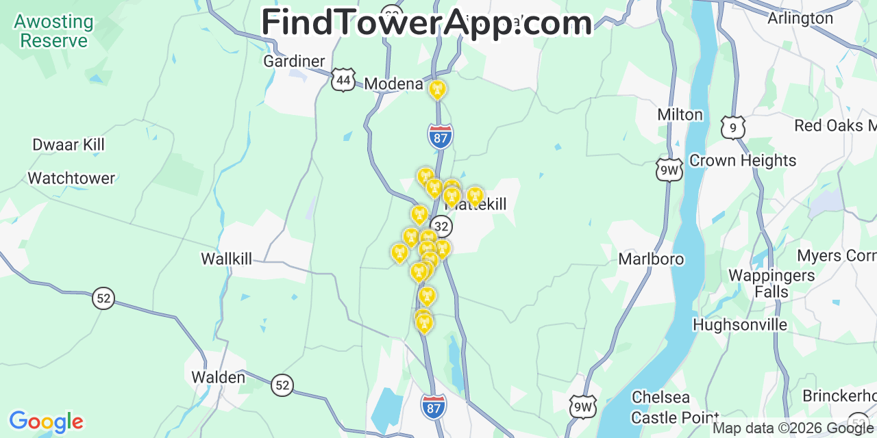 Map showing the 20 primary cell tower locations detected in Plattekill, New York from AT&T, Verizon, and T-Mobile networks