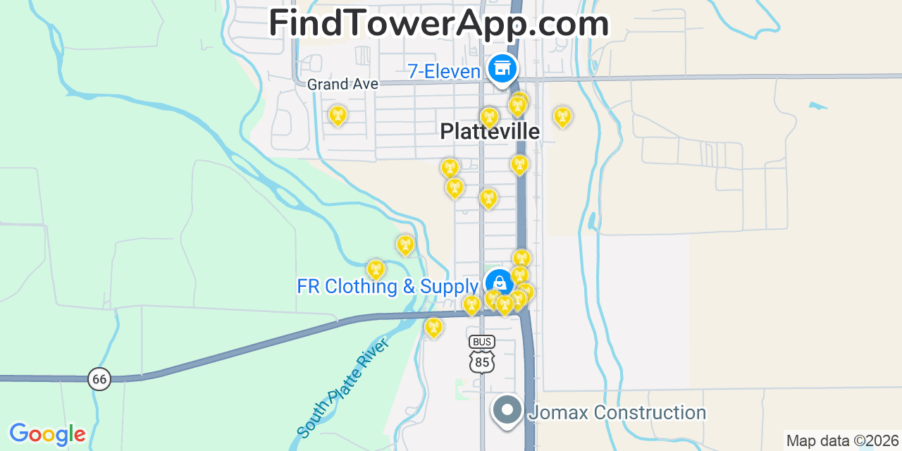 Map showing the 20 primary cell tower locations detected in Platteville, Colorado from AT&T, Verizon, and T-Mobile networks