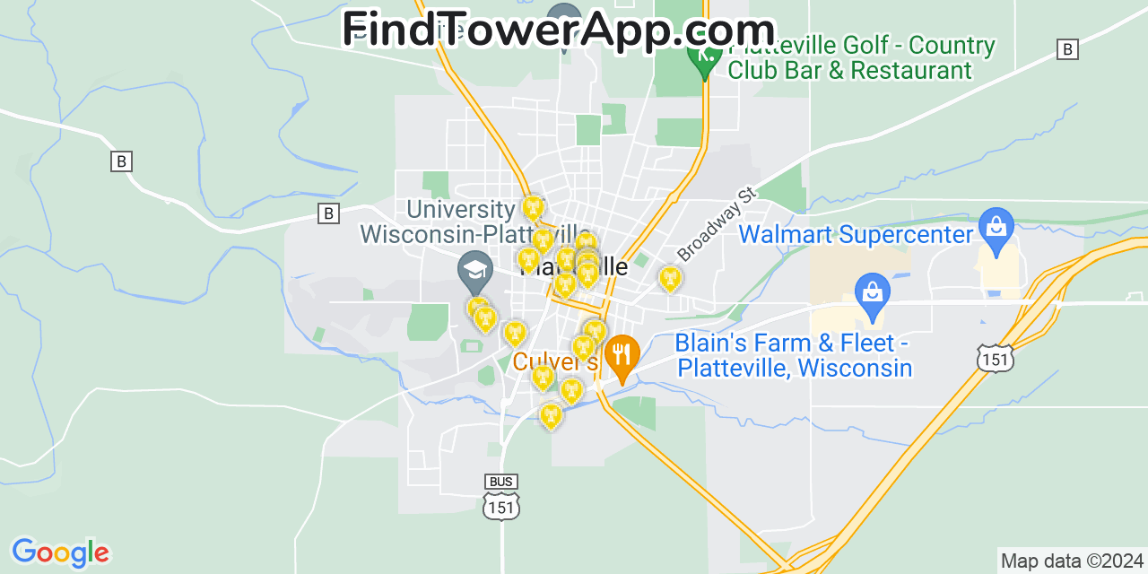 AT&T 4G/5G cell tower coverage map Platteville, Wisconsin