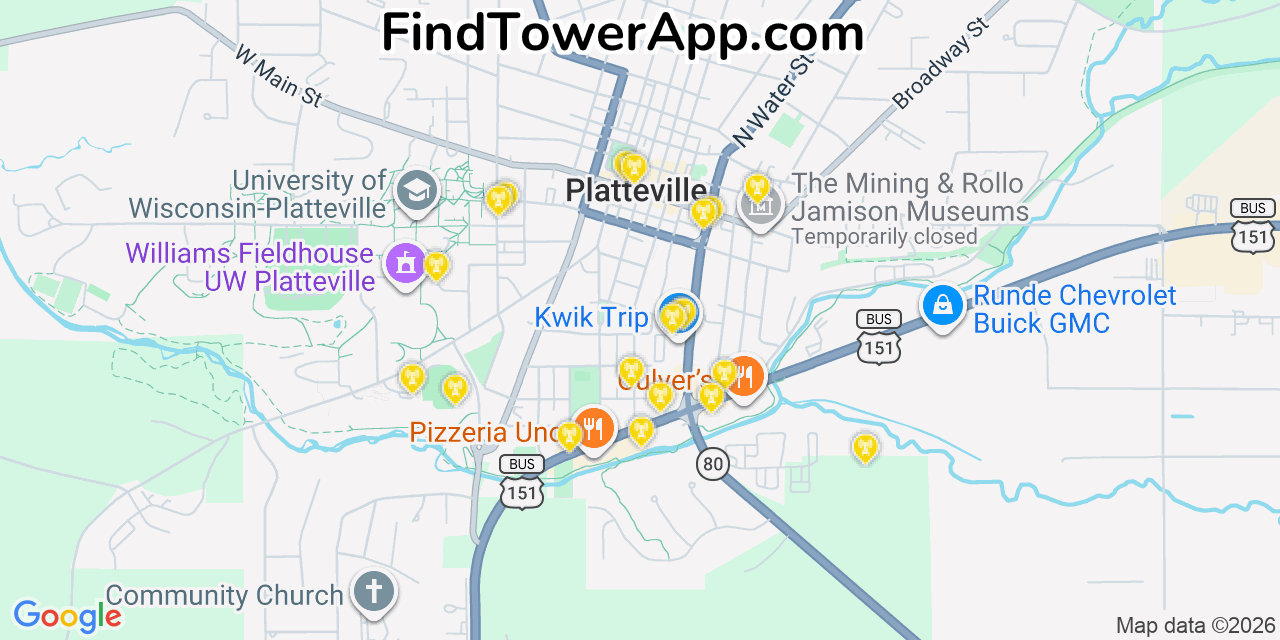Map showing the 20 primary cell tower locations detected in Platteville, Wisconsin from AT&T, Verizon, and T-Mobile networks