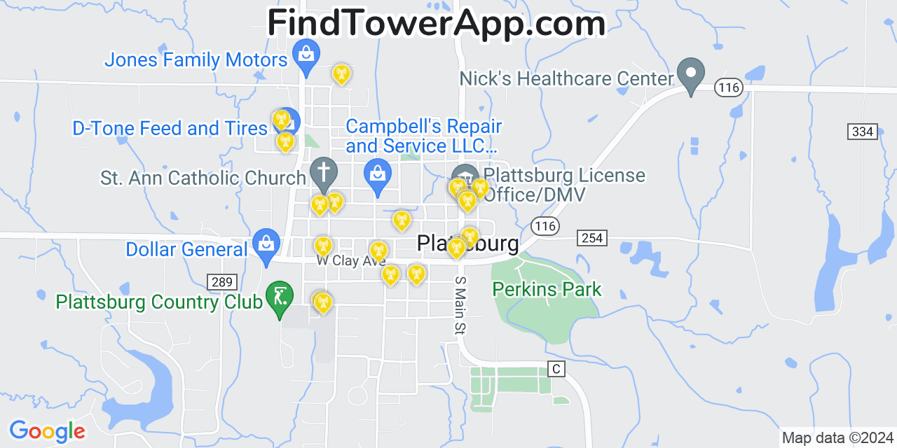 AT&T 4G/5G cell tower coverage map Plattsburg, Missouri