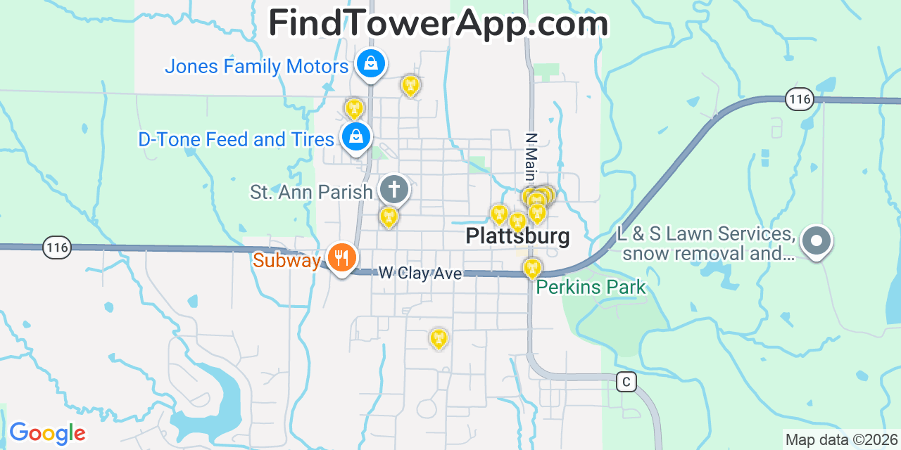 Map showing the 20 primary cell tower locations detected in Plattsburg, Missouri from AT&T, Verizon, and T-Mobile networks