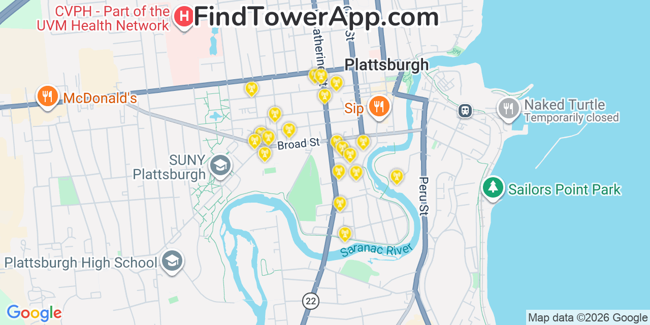 Map showing the 20 primary cell tower locations detected in Plattsburgh, New York from AT&T, Verizon, and T-Mobile networks