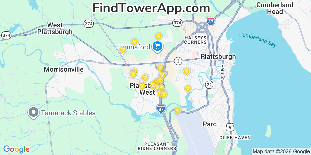 Map showing the 20 primary cell tower locations detected in Plattsburgh West, New York from AT&T, Verizon, and T-Mobile networks