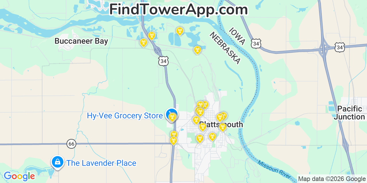 Map showing the 20 primary cell tower locations detected in Plattsmouth, Nebraska from AT&T, Verizon, and T-Mobile networks