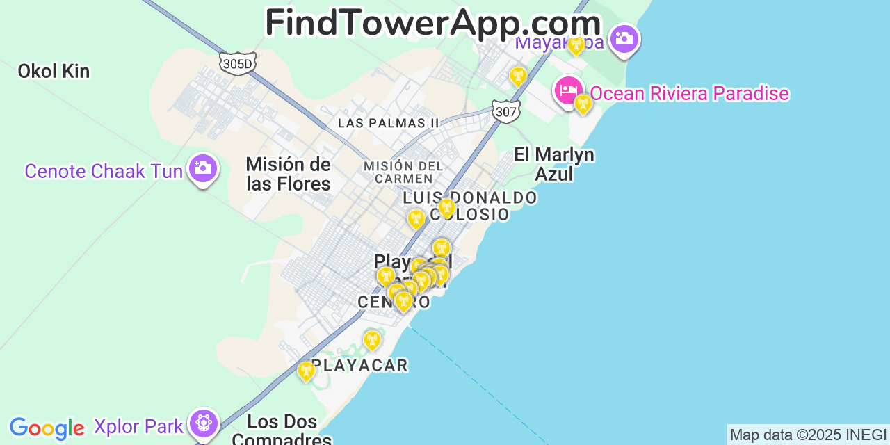 Map showing the 32 primary AT&T cell tower locations detected in Playa Del Carmen, Mexico with coverage radius and signal strength indicators