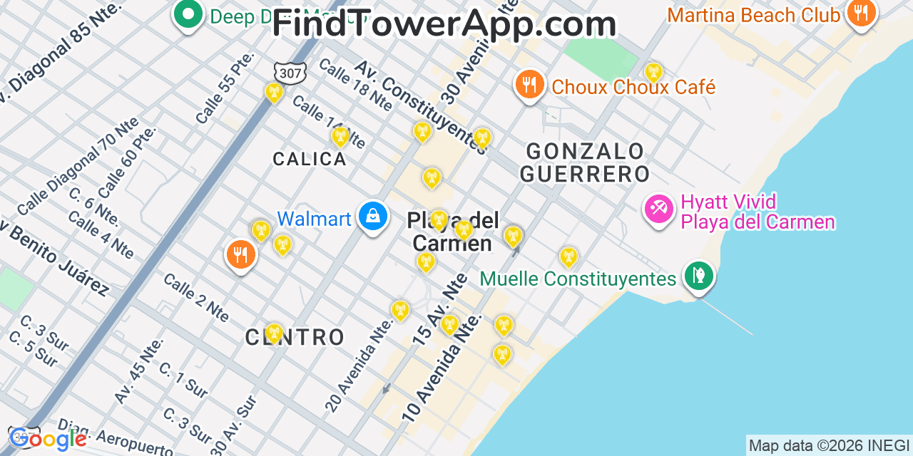 Map showing the 20 primary Altan Redes cell tower locations in Playa Del Carmen, Mexico