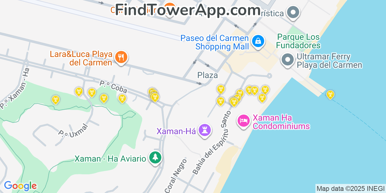 Map showing the 20 primary cell tower locations detected in Playa Del Carmen, Mexico with coverage areas and signal strength