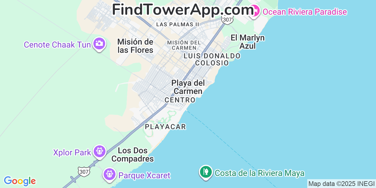Map showing the 0 primary Telcel cell tower locations detected in Playa Del Carmen, Mexico with coverage radius and signal strength indicators