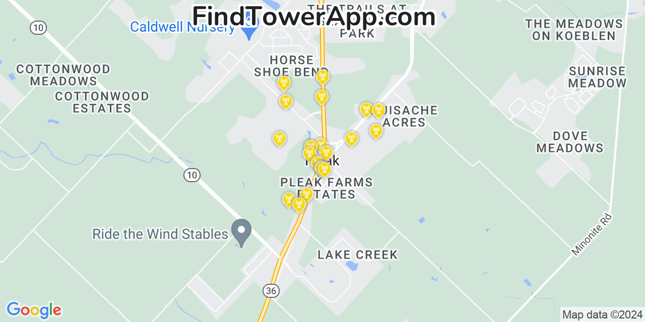 AT&T 4G/5G cell tower coverage map Pleak, Texas