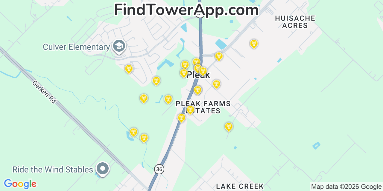 Map showing the 20 primary cell tower locations detected in Pleak, Texas from AT&T, Verizon, and T-Mobile networks