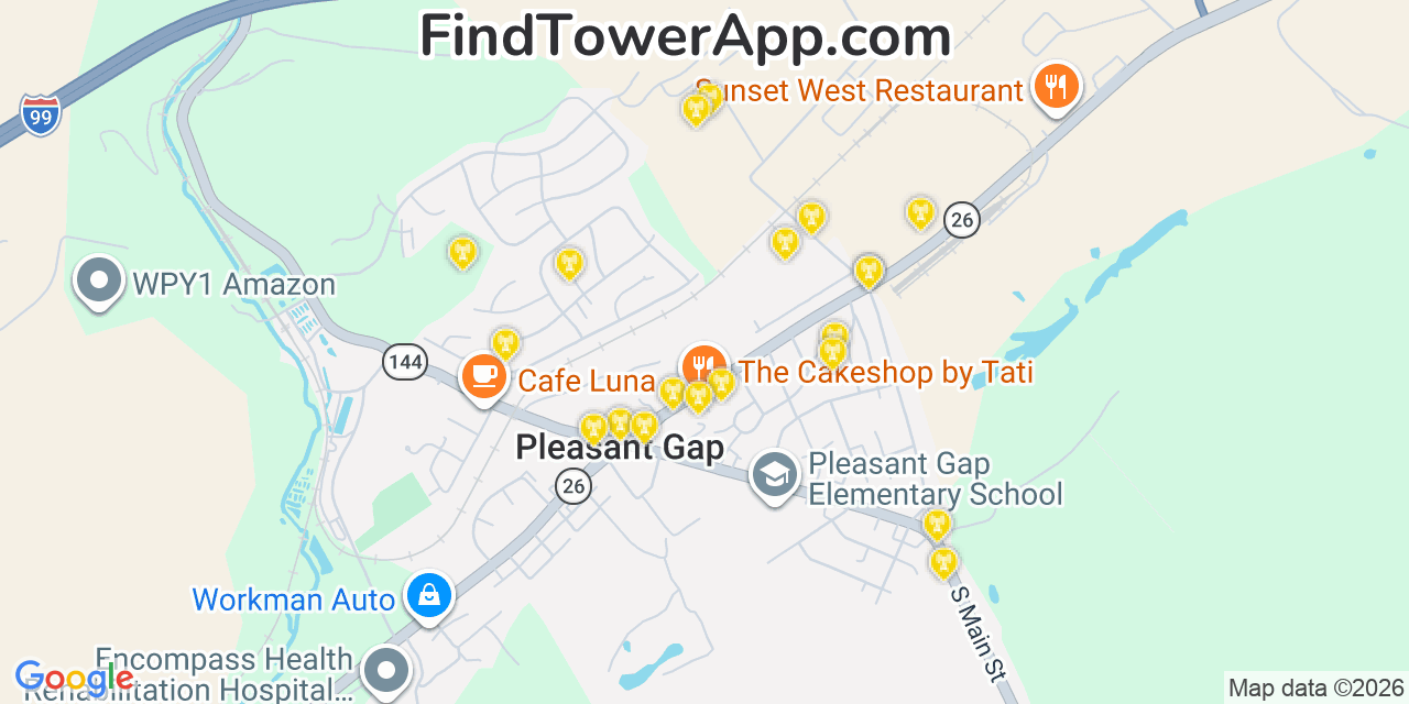 Map showing the 20 primary cell tower locations detected in Pleasant Gap, Pennsylvania from AT&T, Verizon, and T-Mobile networks