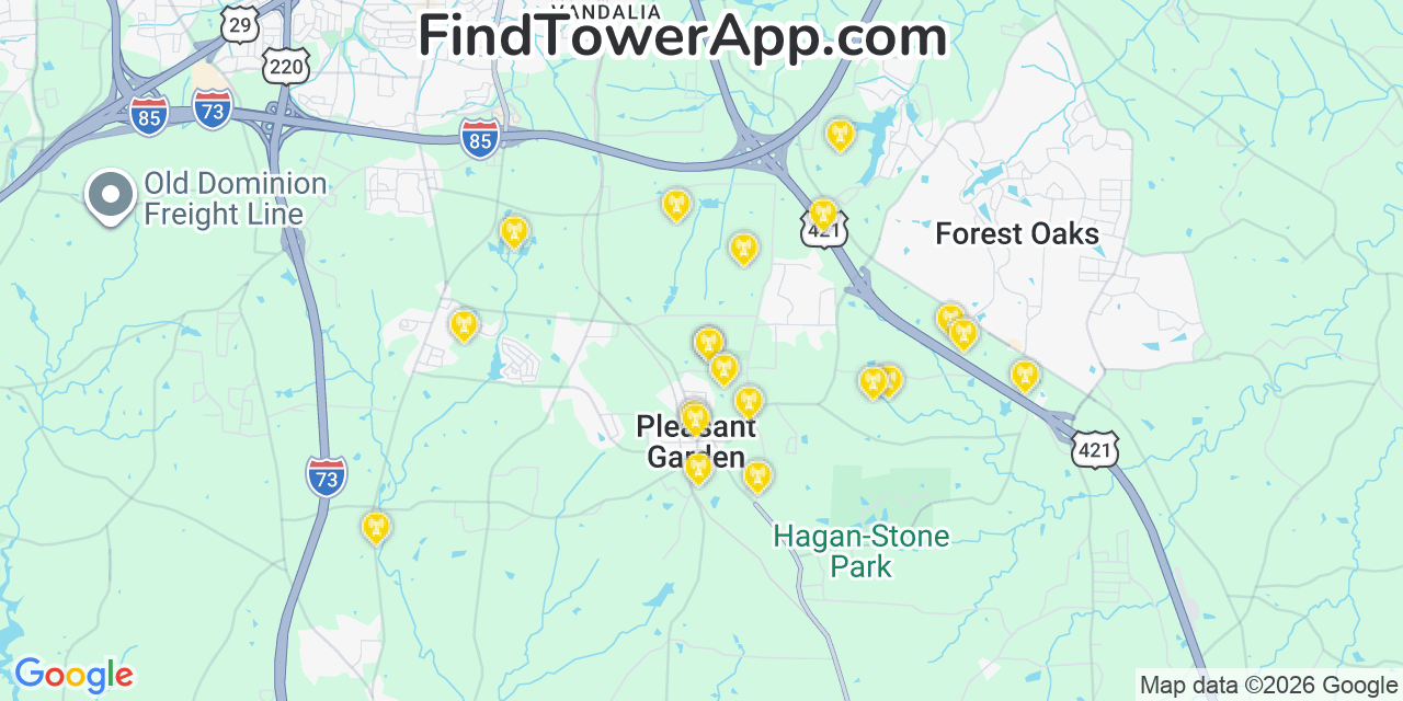 Map showing the 20 primary cell tower locations detected in Pleasant Garden, North Carolina from AT&T, Verizon, and T-Mobile networks