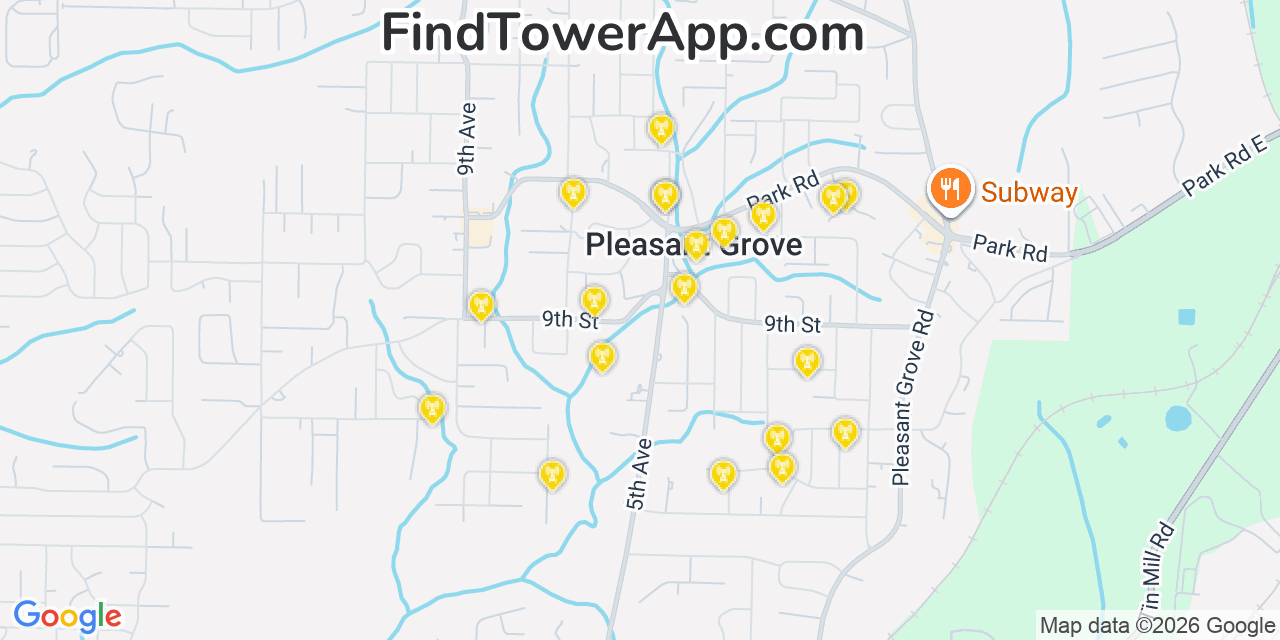 Map showing the 20 primary cell tower locations detected in Pleasant Grove, Alabama from AT&T, Verizon, and T-Mobile networks
