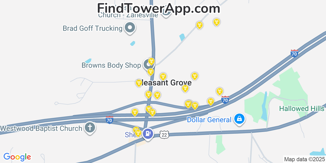 Map showing the 20 primary cell tower locations detected in Pleasant Grove, Ohio from AT&T, Verizon, and T-Mobile networks