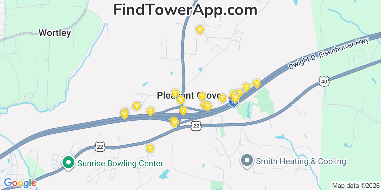 Map showing the 20 primary cell tower locations detected in Pleasant Grove, Ohio from AT&T, Verizon, and T-Mobile networks