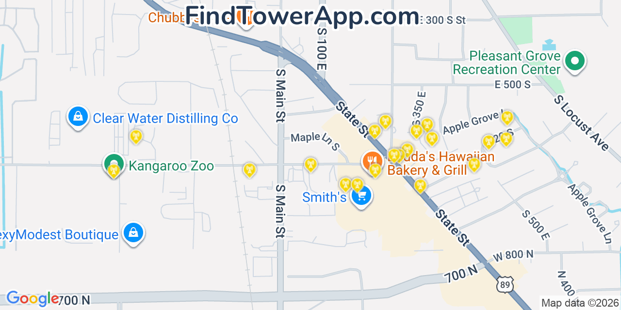 Map showing the 20 primary cell tower locations detected in Pleasant Grove, Utah from AT&T, Verizon, and T-Mobile networks