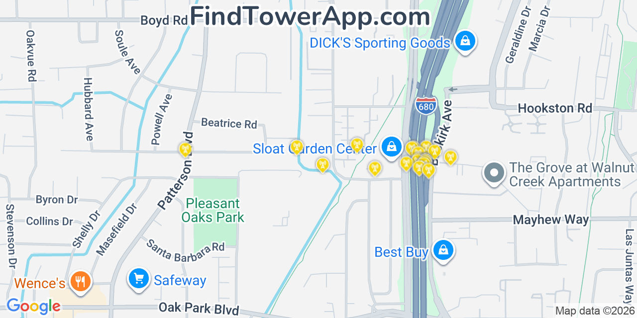 Map showing the 20 primary cell tower locations detected in Pleasant Hill, California from AT&T, Verizon, and T-Mobile networks