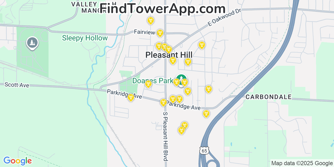 Map showing the 20 primary cell tower locations detected in Pleasant Hill, Iowa from AT&T, Verizon, and T-Mobile networks