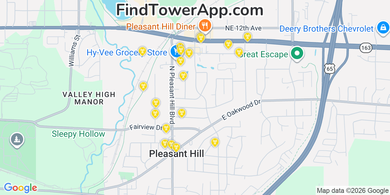 Map showing the 20 primary cell tower locations detected in Pleasant Hill, Iowa from AT&T, Verizon, and T-Mobile networks