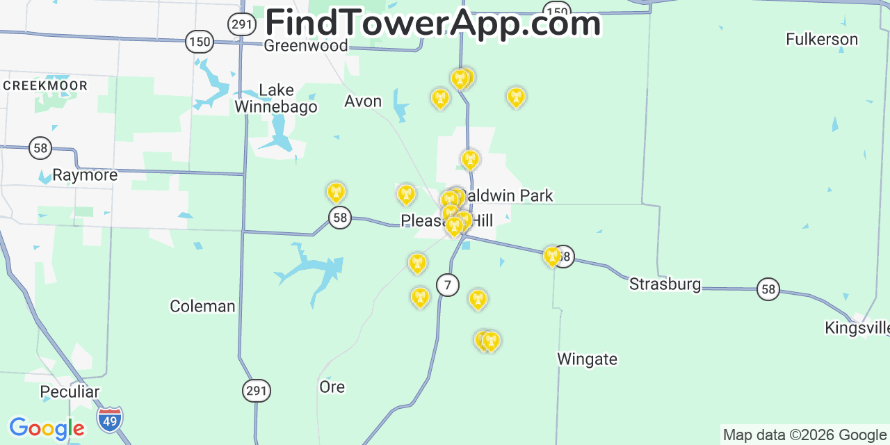 Map showing the 20 primary cell tower locations detected in Pleasant Hill, Missouri from AT&T, Verizon, and T-Mobile networks