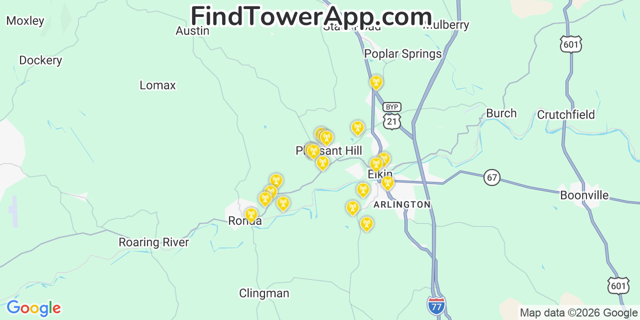 Map showing the 20 primary cell tower locations detected in Pleasant Hill, North Carolina from AT&T, Verizon, and T-Mobile networks