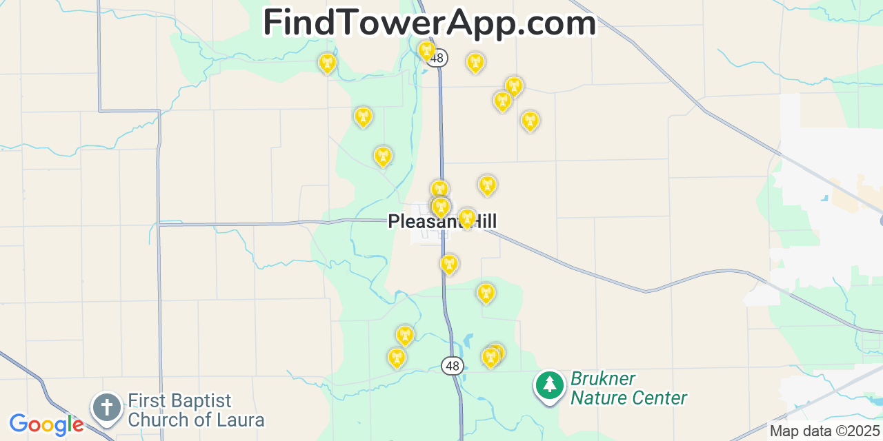 Map showing the 20 primary cell tower locations detected in Pleasant Hill, Ohio from AT&T, Verizon, and T-Mobile networks