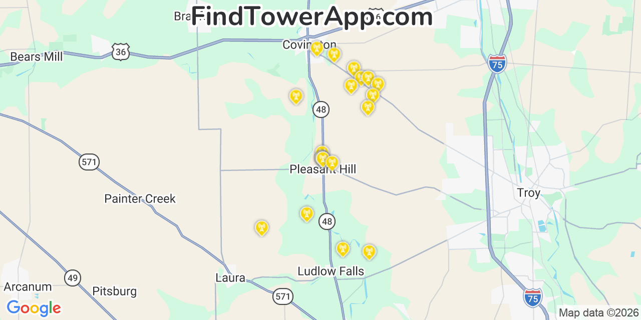 Map showing the 20 primary cell tower locations detected in Pleasant Hill, Ohio from AT&T, Verizon, and T-Mobile networks