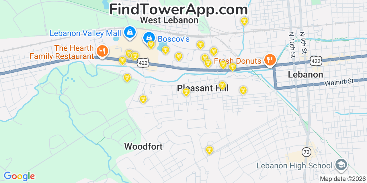 Map showing the 20 primary cell tower locations detected in Pleasant Hill, Pennsylvania from AT&T, Verizon, and T-Mobile networks